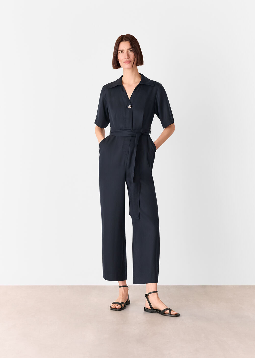 Navy Button Front Jumpsuit