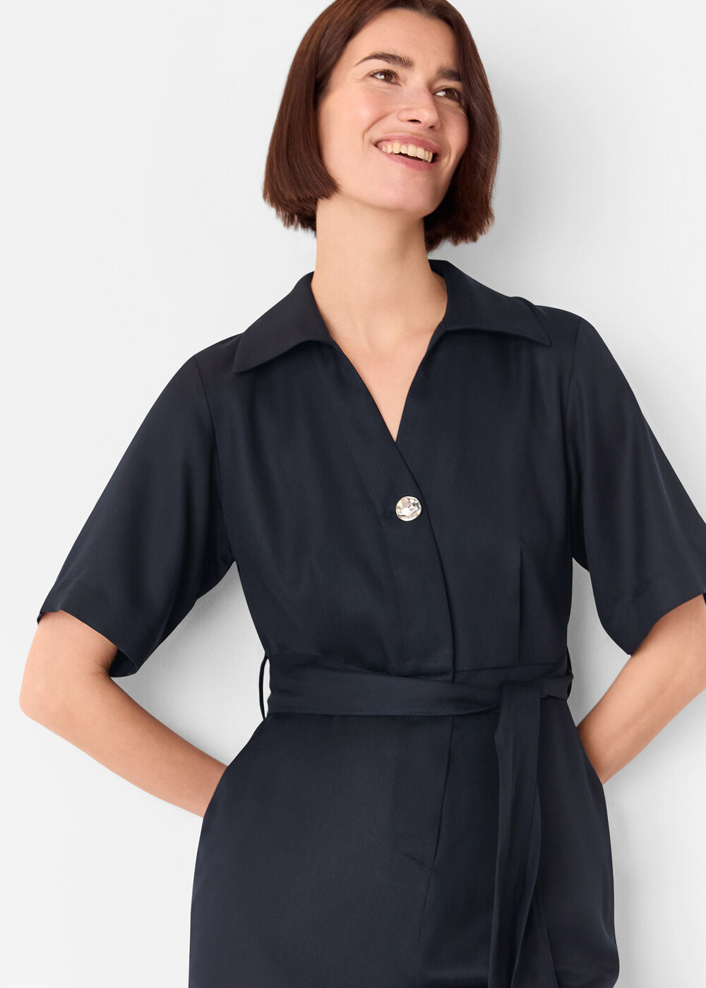 Navy Button Front Jumpsuit