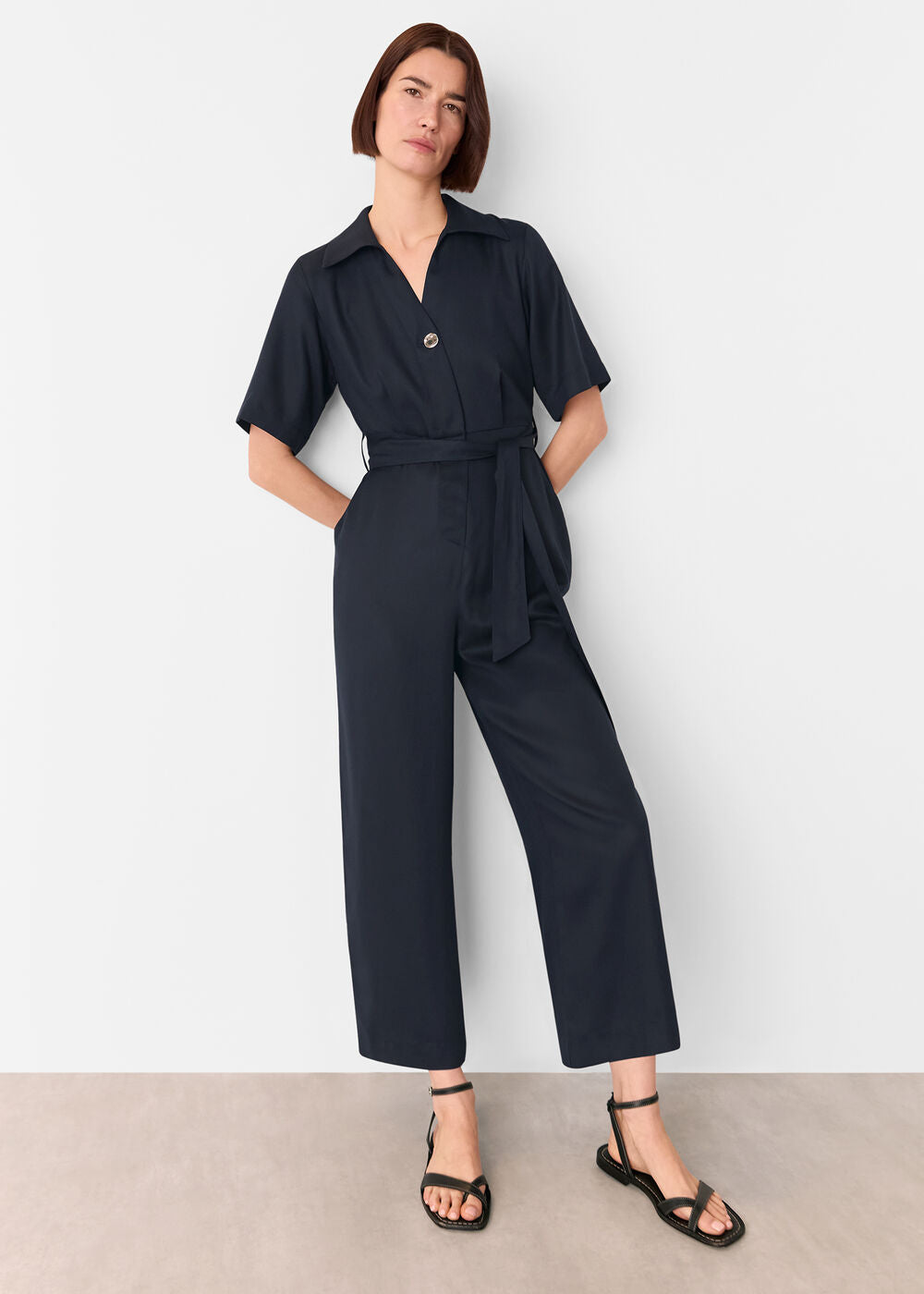 Navy Button Front Jumpsuit