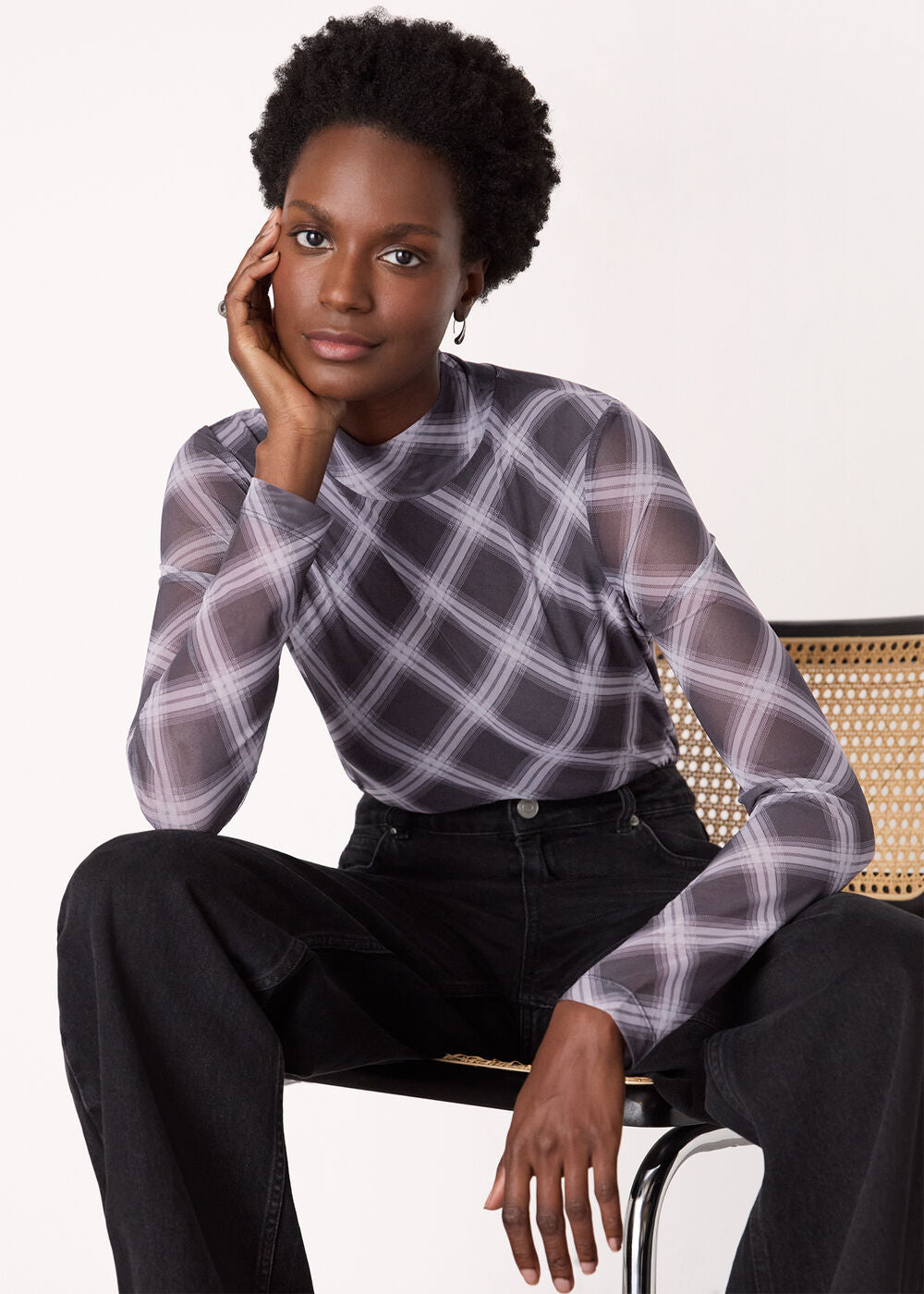 Burgundy Check Print Mesh Top