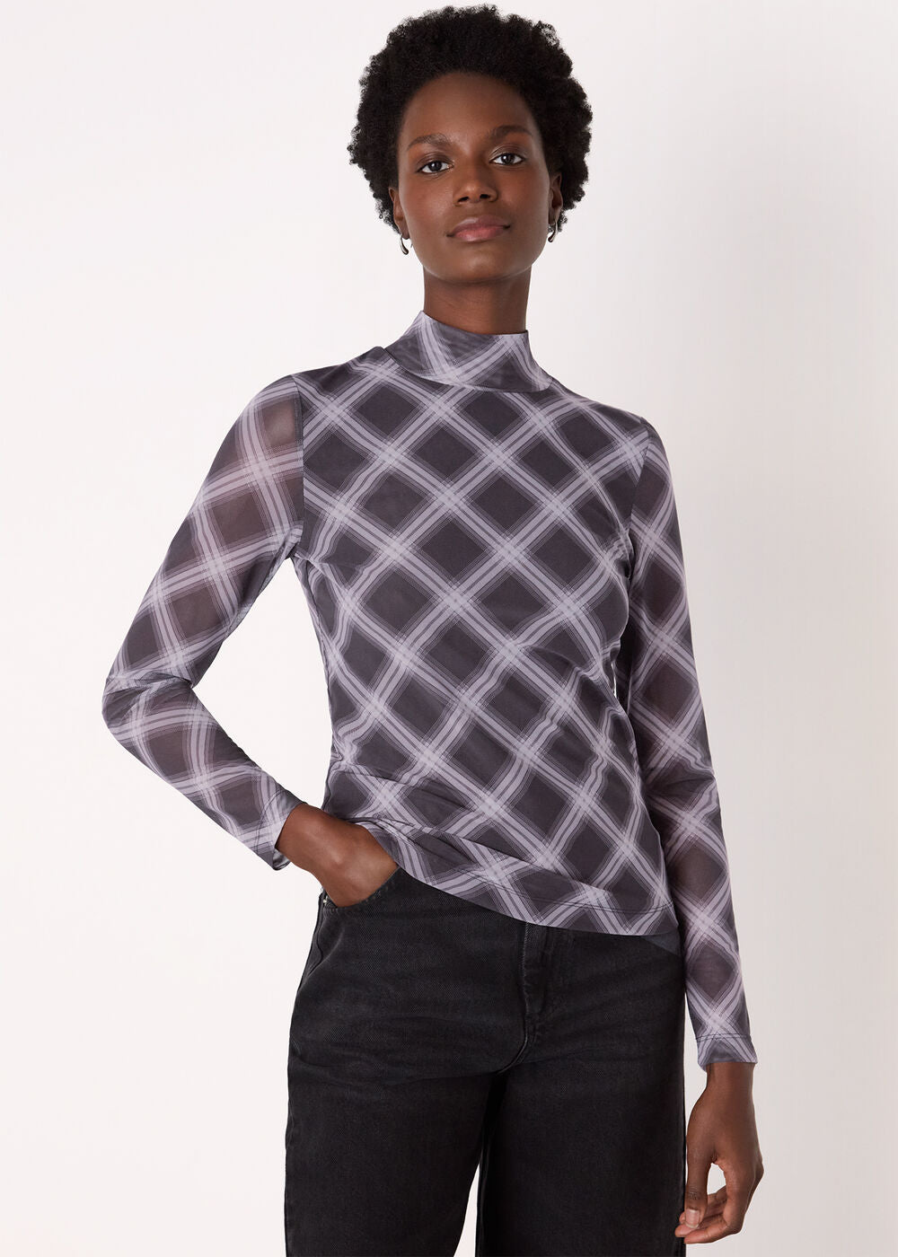 Burgundy Check Print Mesh Top