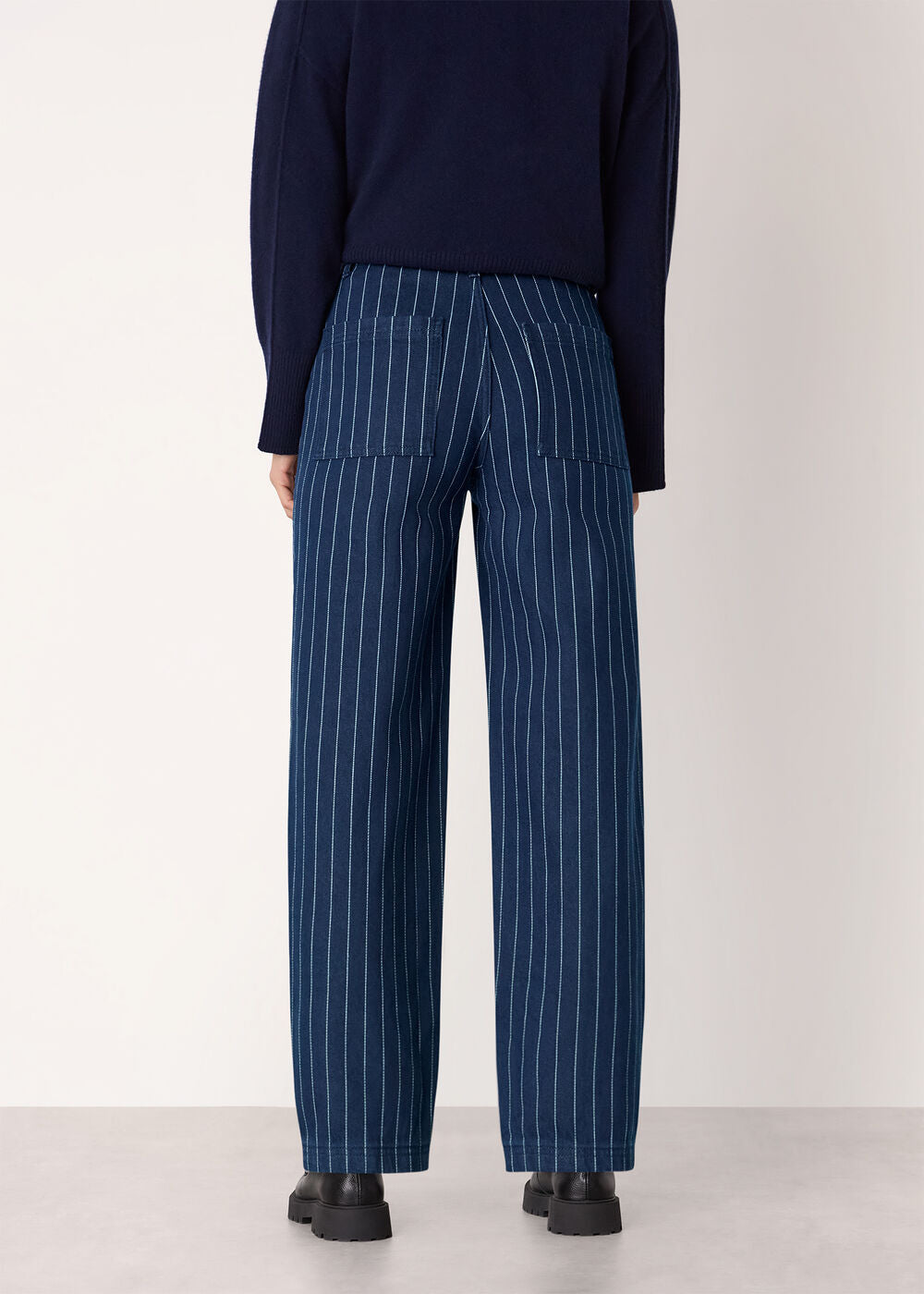 Navy Pinstripe Barrel Leg Jean