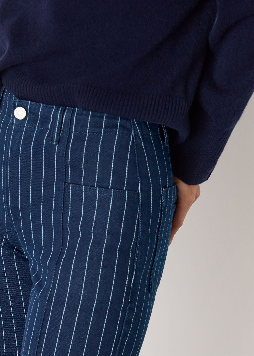 Navy Pinstripe Barrel Leg Jean