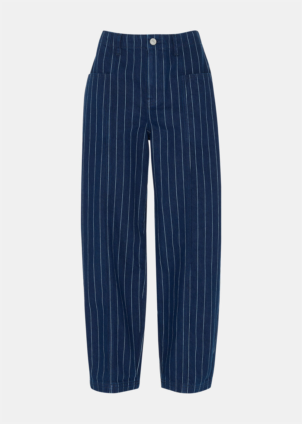 Navy Pinstripe Barrel Leg Jean