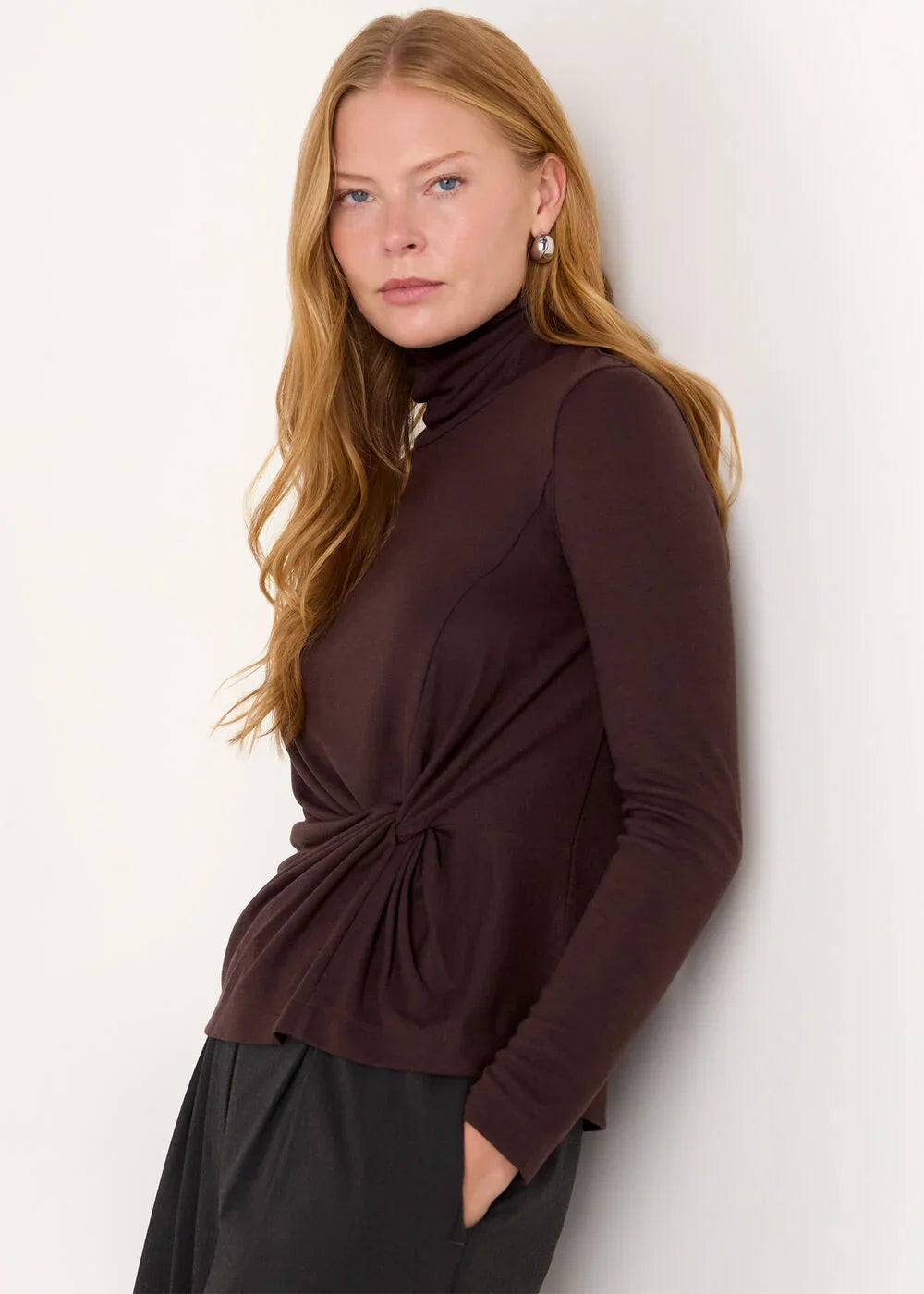Brown Roll Neck Twist Front Top