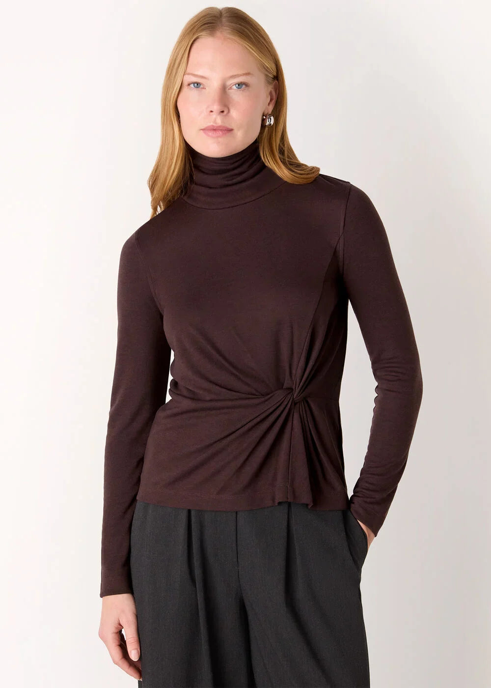 Brown Roll Neck Twist Front Top