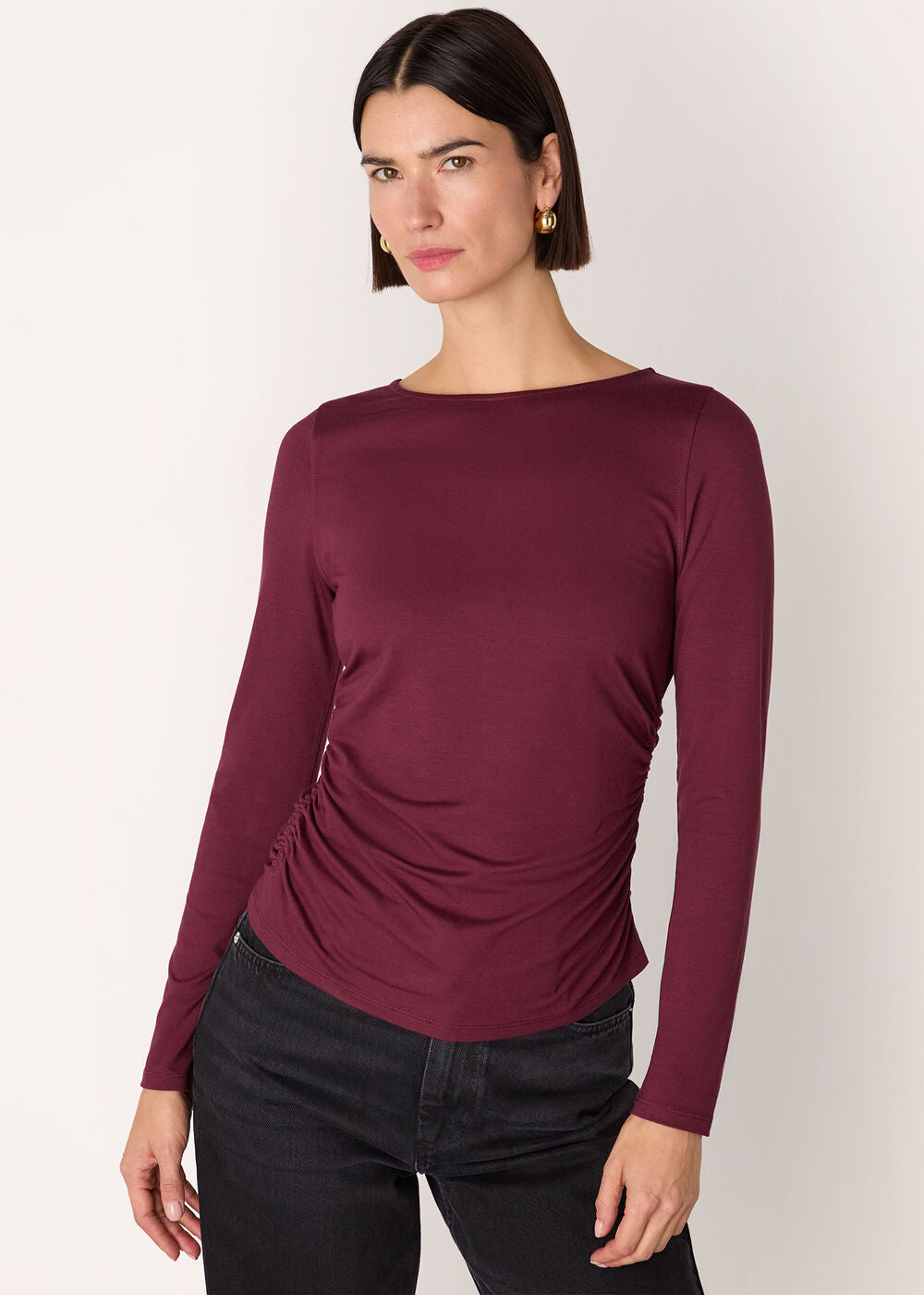 Burgundy Ruched Side Long Sleeve Top
