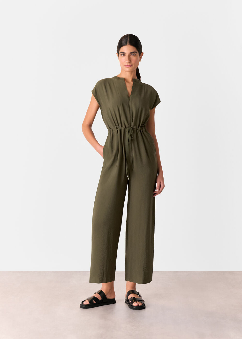Khaki Sleeveless Drawstring Jumpsuit