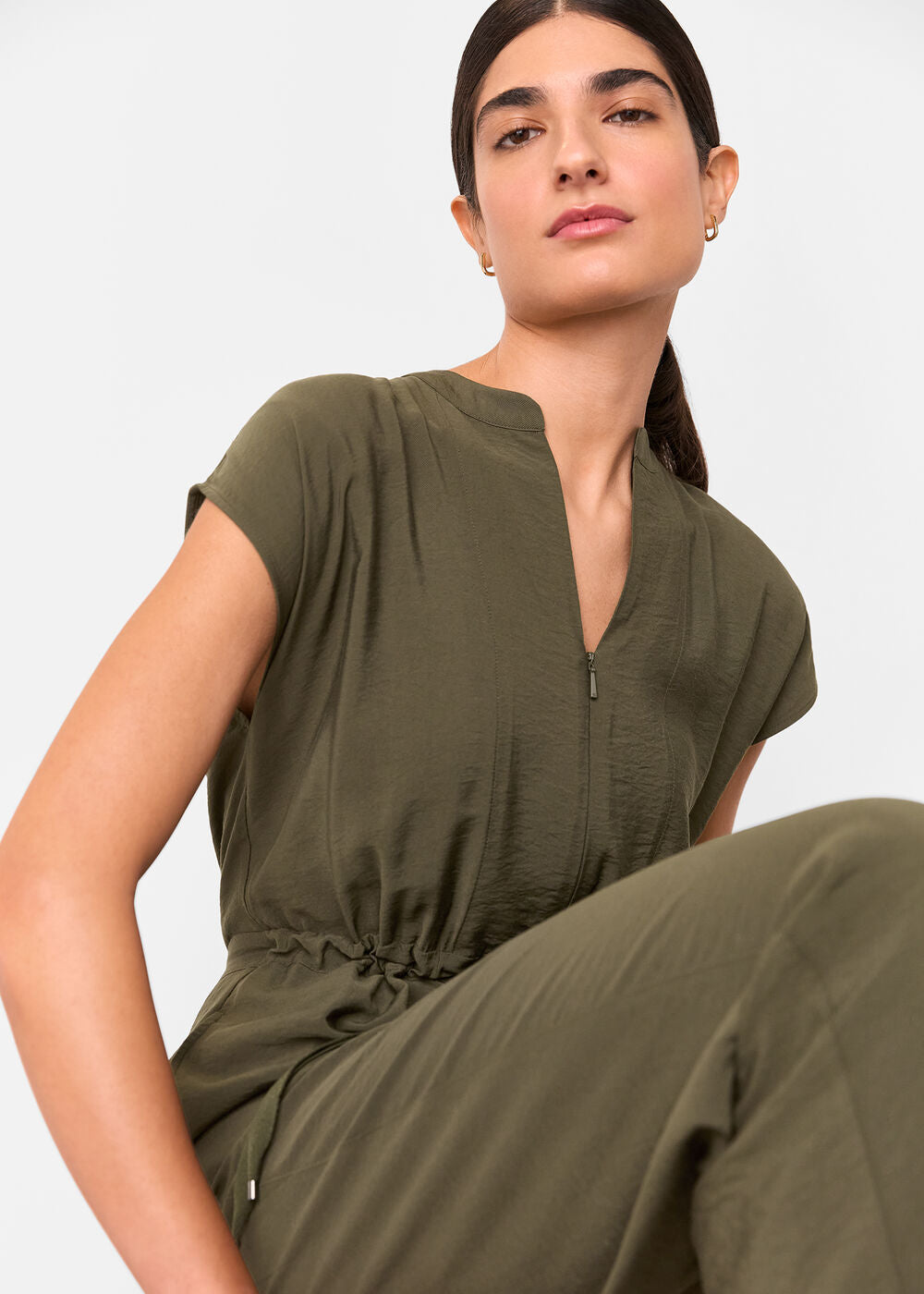 Khaki Sleeveless Drawstring Jumpsuit