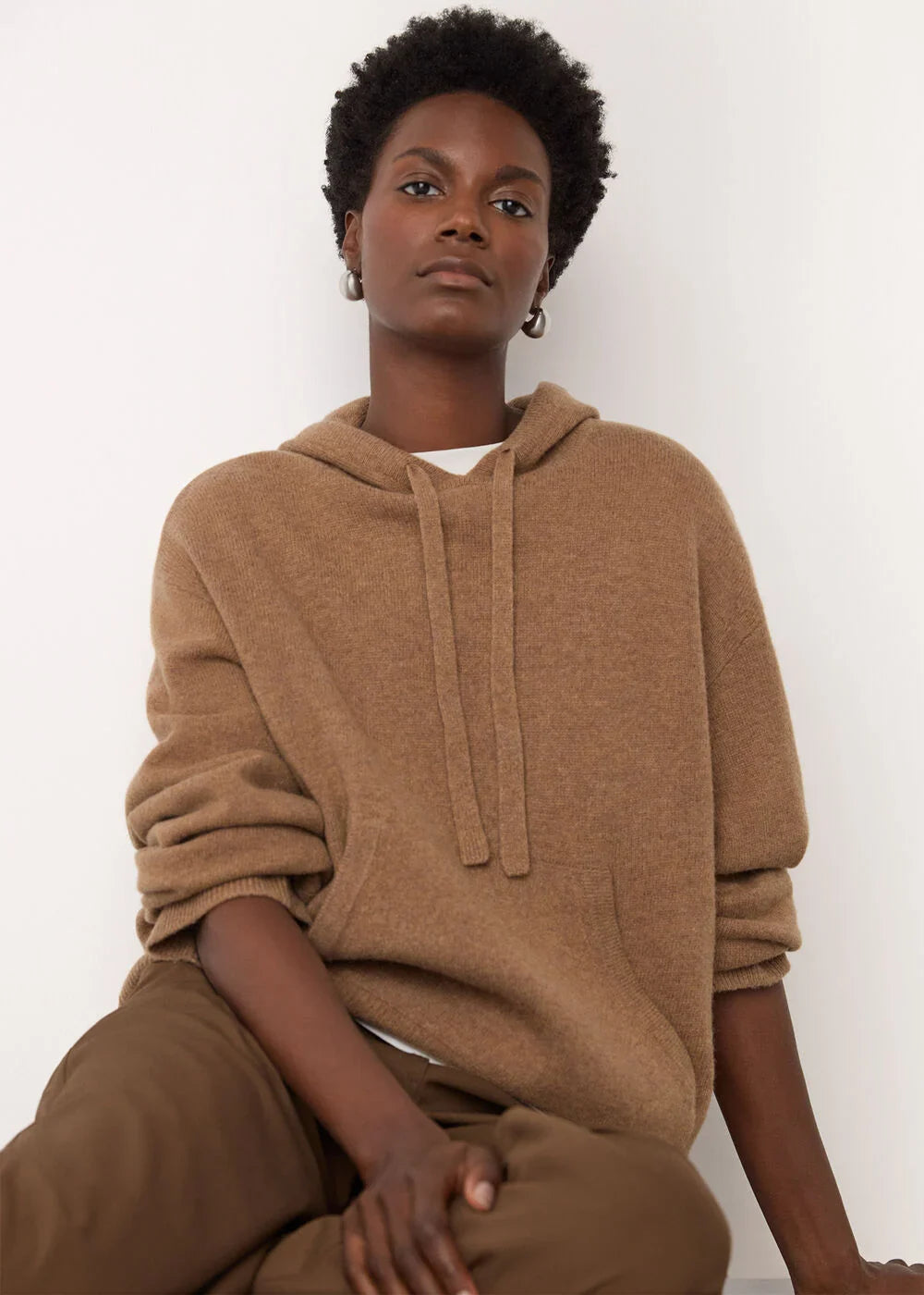 Camel Wool Knitted Hoodie